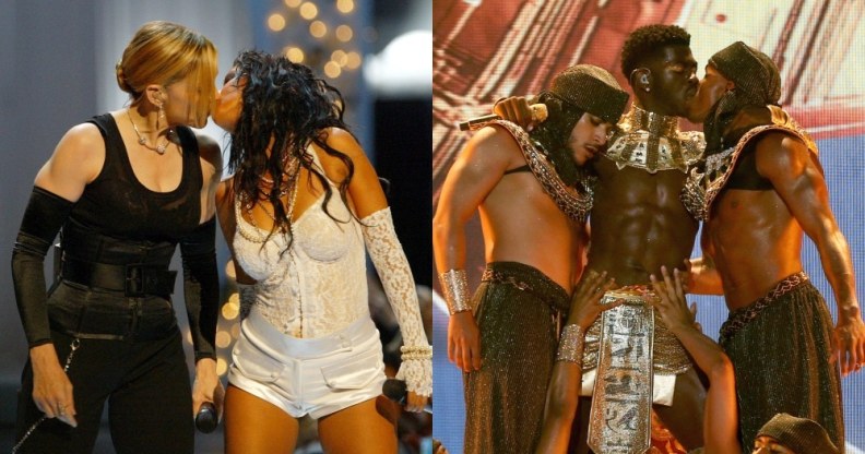 On the left: Madonna and Christina Aguilera share a kiss. On the right: Lil Nas X kisses a backup dancer.