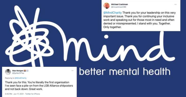 The logo of charity Mind with two tweets super imposed onto it