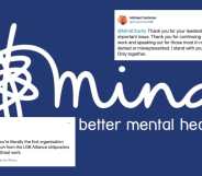 The logo of charity Mind with two tweets super imposed onto it