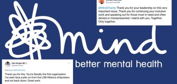 The logo of charity Mind with two tweets super imposed onto it