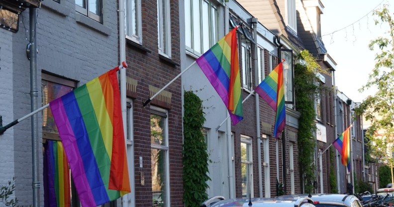A row of homes adorned with the LGBT+ Pride flag