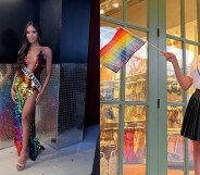 Side-by-side shots of Kataluna Enriquez wearing a rainbow dress and waving a Pride flag
