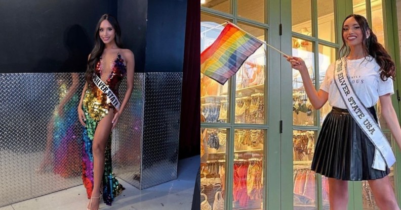 Side-by-side shots of Kataluna Enriquez wearing a rainbow dress and waving a Pride flag