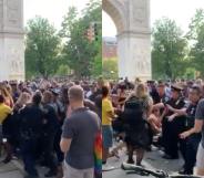 With the arch visible, police pack the streets outside Washington Square Park