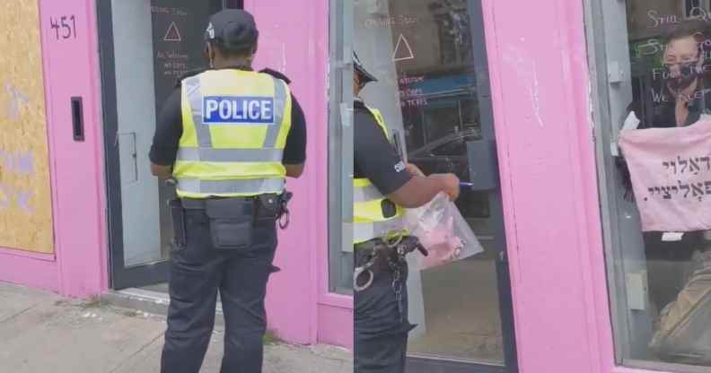 Police seizing a "f**k the police" tote bag as evidence from the queer, anarchist Jewish cafe Pink Peacock
