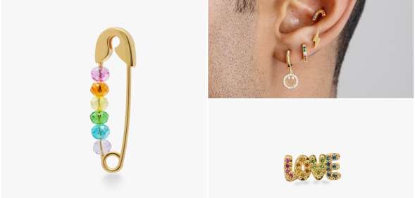 The Pride earring collection from Studs features a rainbow safety pin and 'Love' logo. (Studs)