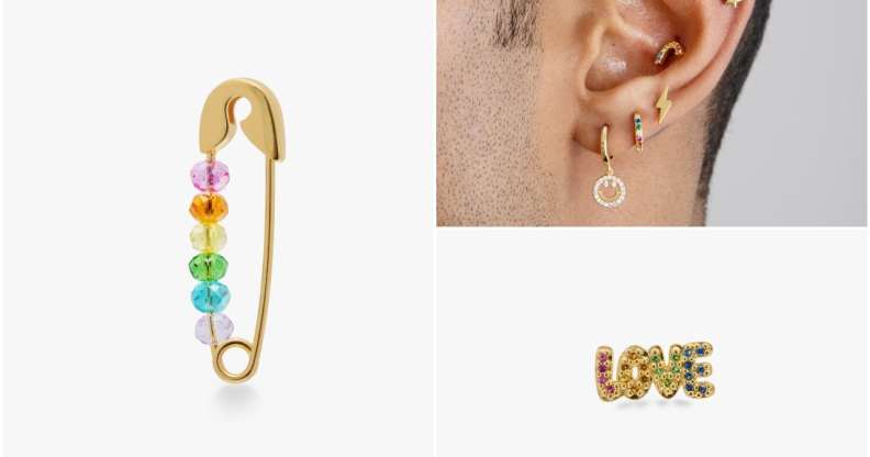 The Pride earring collection from Studs features a rainbow safety pin and 'Love' logo. (Studs)