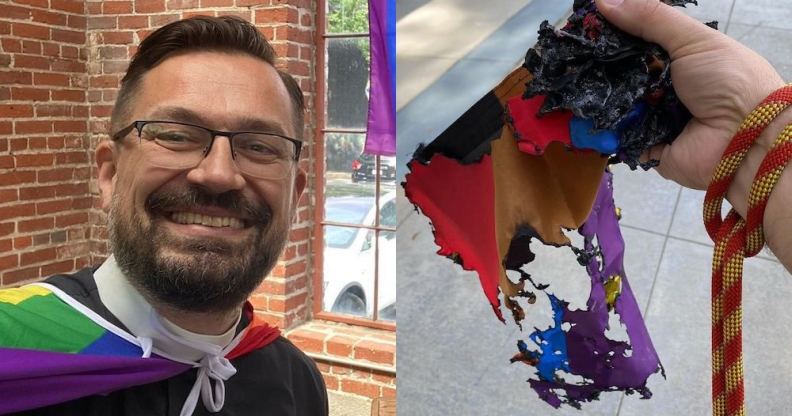 Gay Sacramento reverend Matthew Woodward and the burned LGBT+ Pride flag