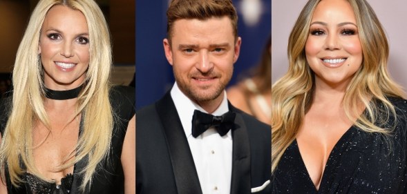 Headshots of Britney Spears, Justin Timberlake and Mariah Carey