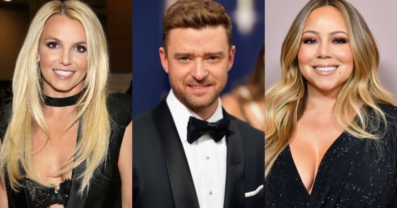 Headshots of Britney Spears, Justin Timberlake and Mariah Carey