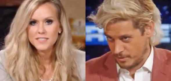 On the left: Lauren Witzke addresses the camera in a blazer and set of pearls. On the right: Milo Yiannopoulos looks down in a blazer and shirt
