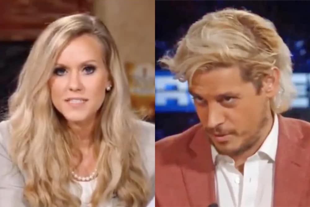On the left: Lauren Witzke addresses the camera in a blazer and set of pearls. On the right: Milo Yiannopoulos looks down in a blazer and shirt