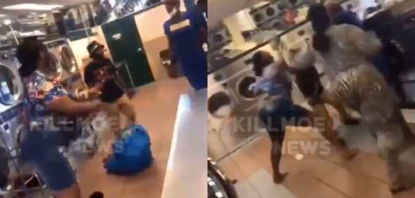 A trans woman in a blue dress is beaten by two women and a man in a laundromat