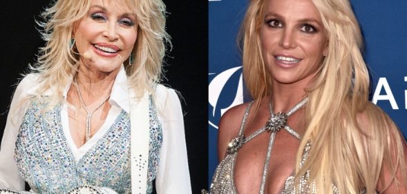 Dolly Parton performing with a guitar on-stage and Britney Spears posing at the GLAAD Awards
