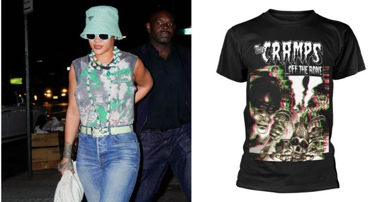 Rihanna was photographed with A$AP Rocky in New York City this week wearing a vintage band tee. (Gotham/GC Images & Amazon)