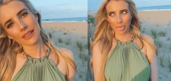 Emma Roberts poses on a beach for a video posted to her Instagram