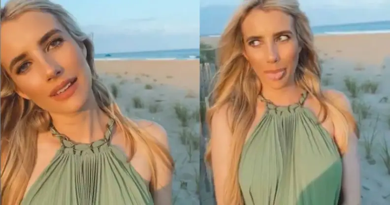 Emma Roberts poses on a beach for a video posted to her Instagram