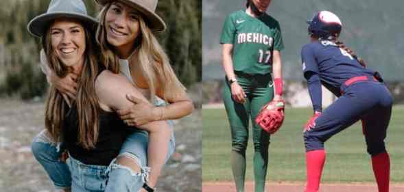 Side-by-side photos of Team USA softball player Amanda Chidester and fiance Anissa Urtez Team Mexico player at the 2020 Tokyo Olympics