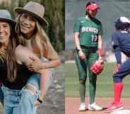 Side-by-side photos of Team USA softball player Amanda Chidester and fiance Anissa Urtez Team Mexico player at the 2020 Tokyo Olympics
