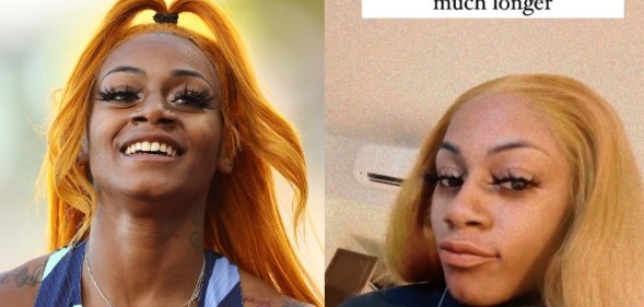 On the left: Sha'Carri Richardson running. On the right: Sha'Carri Richardson looks to the camera