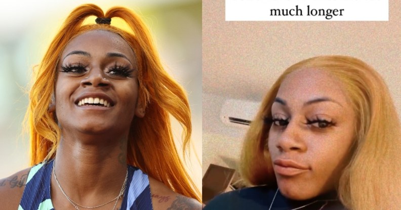 On the left: Sha'Carri Richardson running. On the right: Sha'Carri Richardson looks to the camera