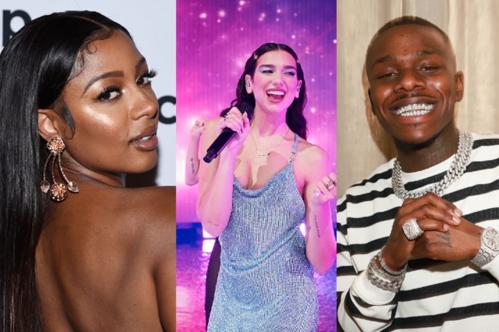 Victoria Monét posing on the red carpet, Dua Lipa performing on stage, and DaBaby posing for a photograph
