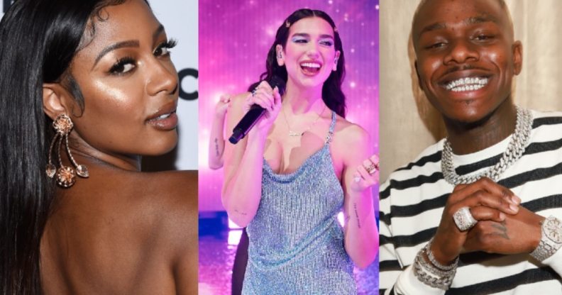 Victoria Monét posing on the red carpet, Dua Lipa performing on stage, and DaBaby posing for a photograph