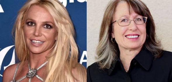 On the left: Headshot of Britney Spears smiling. On the right: Headshot of Jodi Montgomery.