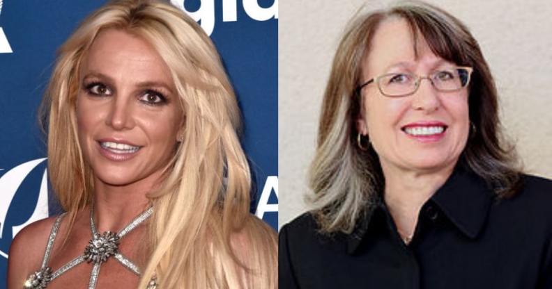 On the left: Headshot of Britney Spears smiling. On the right: Headshot of Jodi Montgomery.