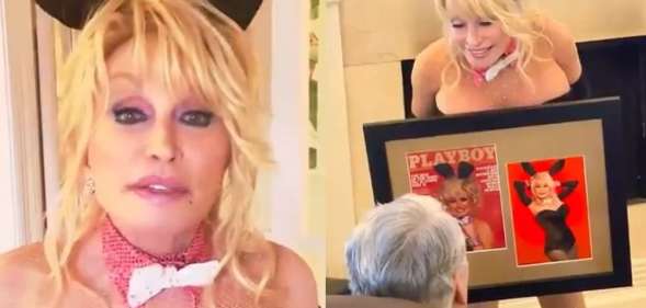 On the left: Dolly Parton wearing a white bow tie and rabbit ears. On the right: Dolly presenting her husband, sat in a couch, with a framed version of the cover