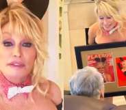 On the left: Dolly Parton wearing a white bow tie and rabbit ears. On the right: Dolly presenting her husband, sat in a couch, with a framed version of the cover