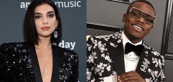 On the left: Headshot of Dua Lipa in a sequinned black blazer. On the right: Headshot of DaBaby in a floral blazer