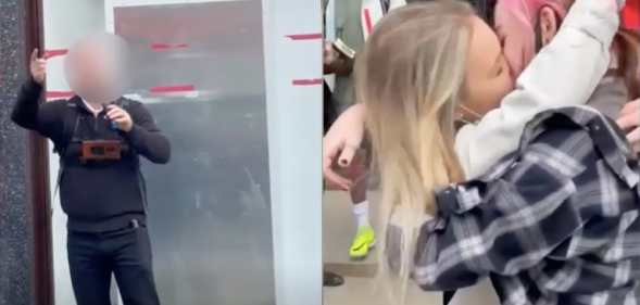 On the left: A blurred out street preacher in front of a shuttered shop. On the right: Two women sharing a kiss