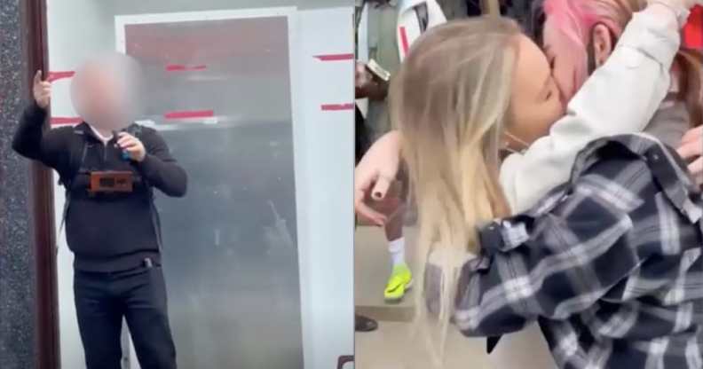 On the left: A blurred out street preacher in front of a shuttered shop. On the right: Two women sharing a kiss
