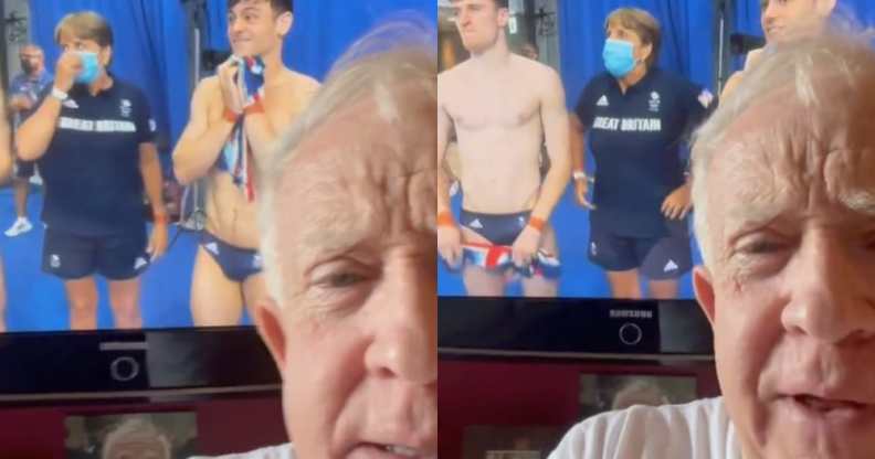 Half of Leslie Jordan's face in front of a television screen of Tom Daley and Matty Lee at the Olympics