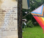 On the left: A photograph of a letter. On the right: A Progress Pride flag hanging from a house front.