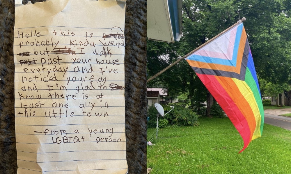 On the left: A photograph of a letter. On the right: A Progress Pride flag hanging from a house front.