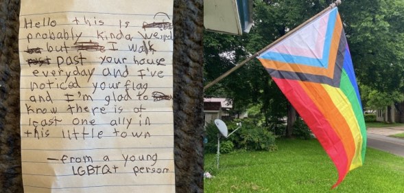 On the left: A photograph of a letter. On the right: A Progress Pride flag hanging from a house front.