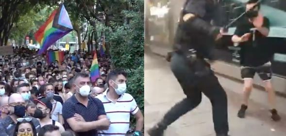 On the left: Thousands packs a street waving LGBT+ Progress flags. On the right: A riot officer hits a protester with a baton