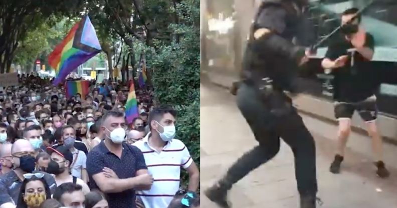 On the left: Thousands packs a street waving LGBT+ Progress flags. On the right: A riot officer hits a protester with a baton