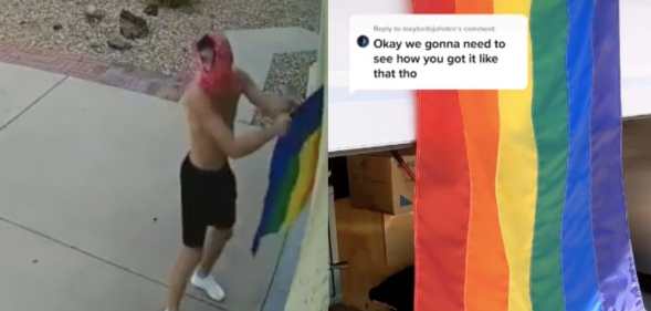 On the left: A shirtless man tried to tear down a Pride flag attached to a house. On the right: A Pride flag hanging from a garage.