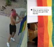 On the left: A shirtless man tried to tear down a Pride flag attached to a house. On the right: A Pride flag hanging from a garage.