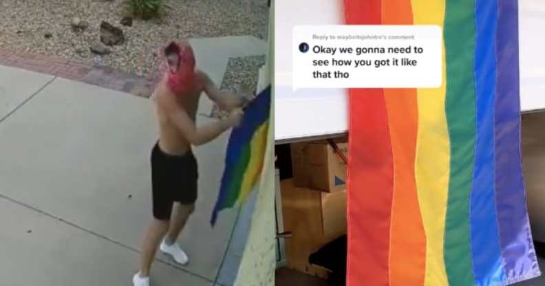 On the left: A shirtless man tried to tear down a Pride flag attached to a house. On the right: A Pride flag hanging from a garage.