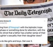 A photograph of a woman reading The Daily Telegraph newspaper with a tweet imposed