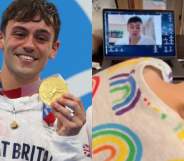 Tom Daley holding his Olympic gold medal / his son watching a video on a laptop of him