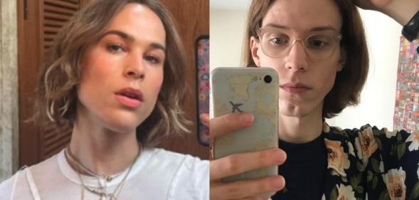 On the left: Tommy Dorfman poses in a white top. On the right: Filip Kaleta takes a selfie with a mobil phone in a patterned top