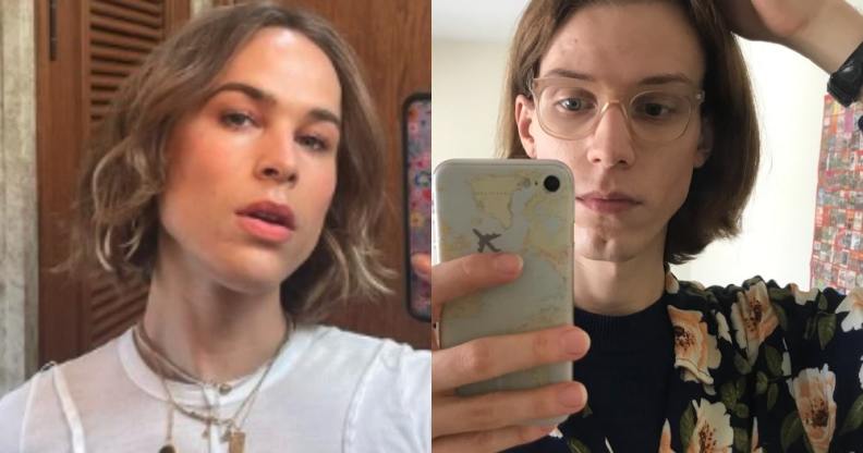 On the left: Tommy Dorfman poses in a white top. On the right: Filip Kaleta takes a selfie with a mobil phone in a patterned top