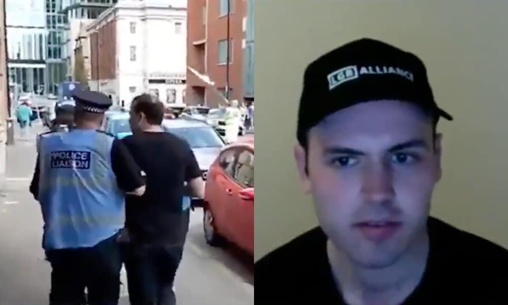 On the left: Alexander Bramham being escorted by police. On the right: Alexander Bramham wearing an LGB Alliance cap
