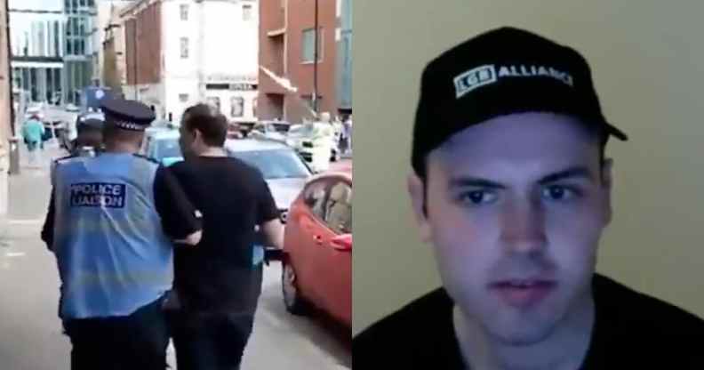On the left: Alexander Bramham being escorted by police. On the right: Alexander Bramham wearing an LGB Alliance cap
