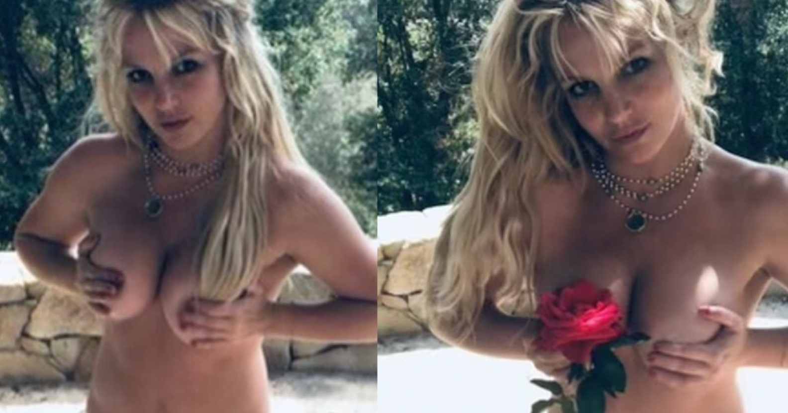 Britney Spears posing topless holding a rose